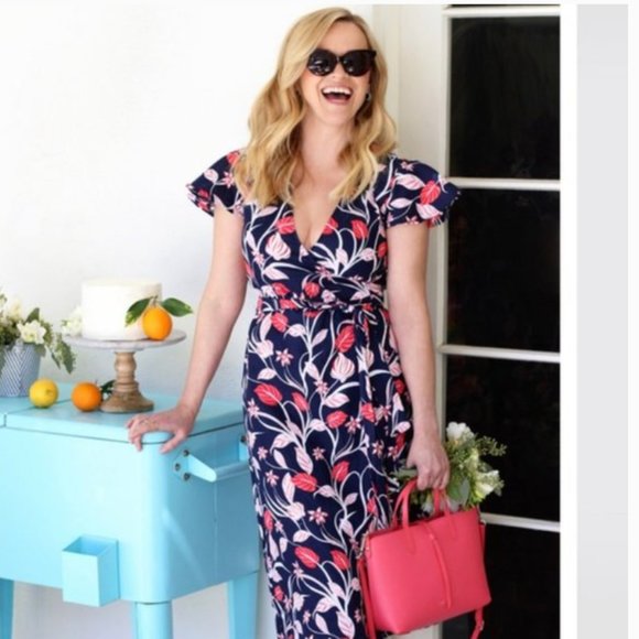 Draper James Dresses & Skirts - Draper James Floral Short Sleeve Wrap Linen Dress